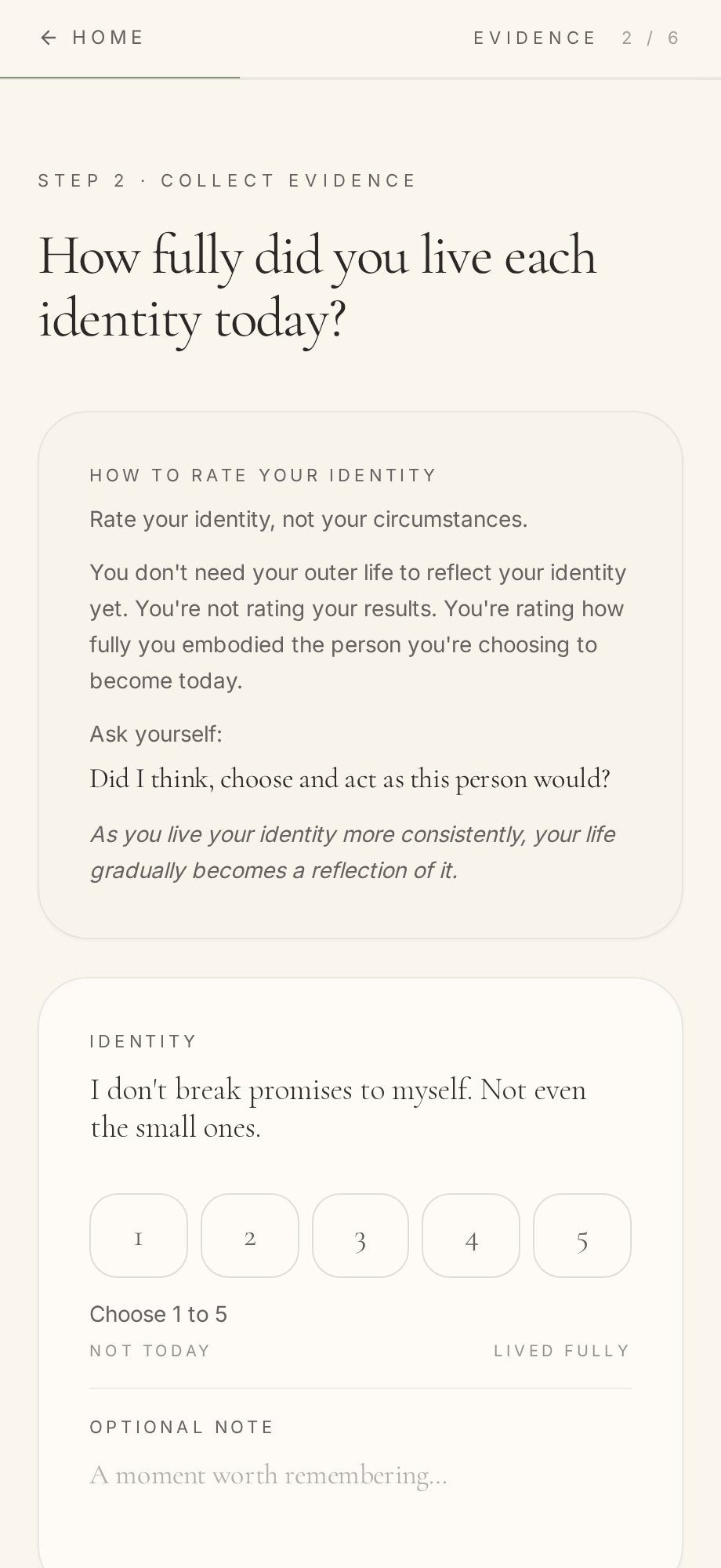 The Become daily check-in screen rating how fully each identity was lived