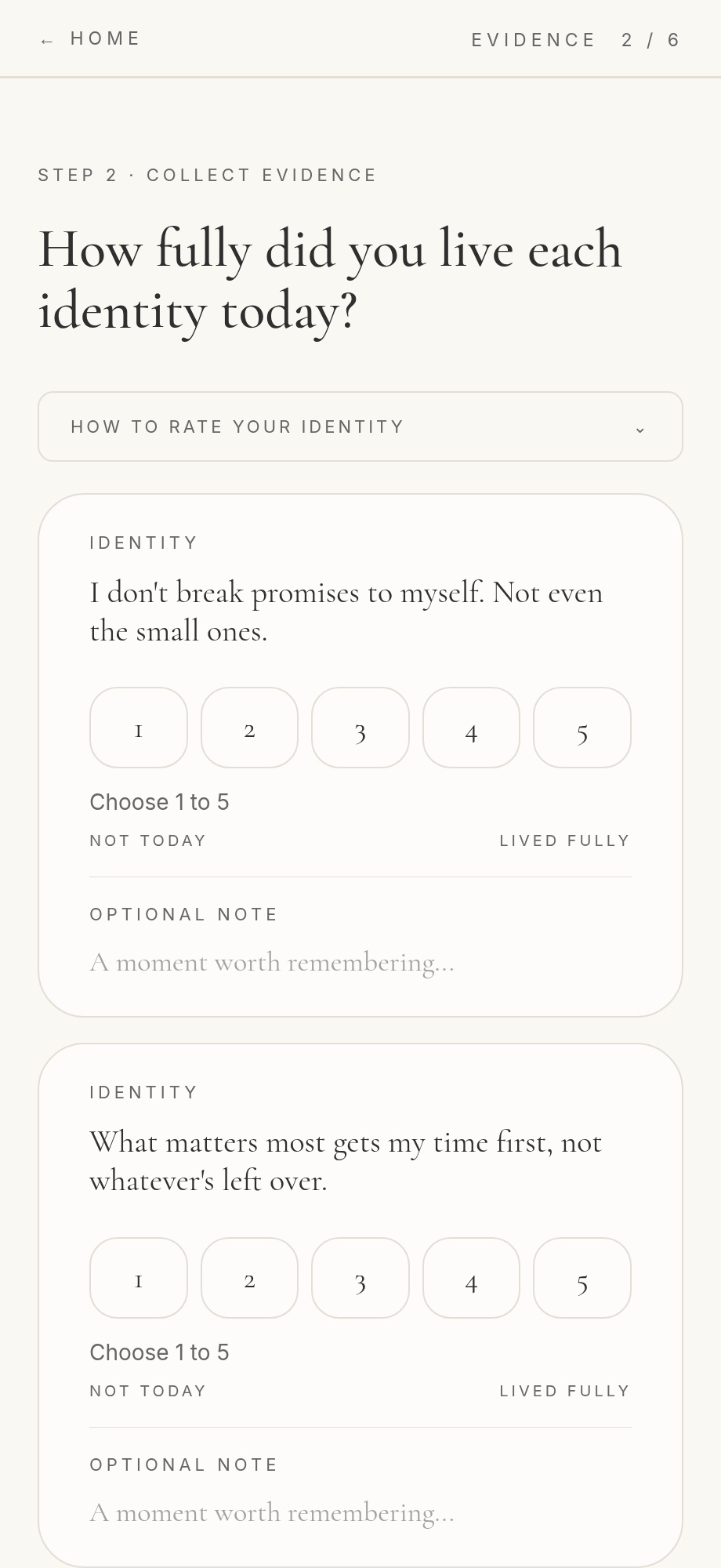 The Become daily check-in screen rating how fully each identity was lived