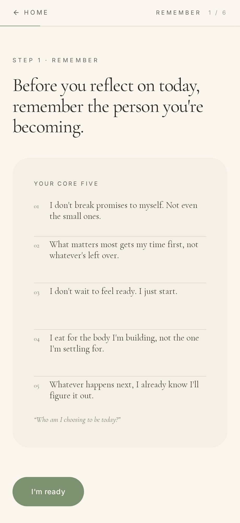 The Become app showing a person's Core Five identity statements